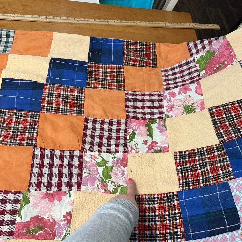 VTG Handmade Patchwork Quilt 42x86 Plaid Floral Fabric Lace Embroidery Cottage‎
